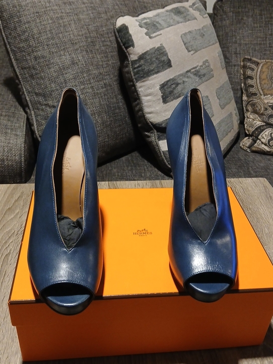 Hermes Shoes - Hermès Gloria Teal Blue Leather Peep Toe Platform Pumps Heels Sz 39 (US 8.5)